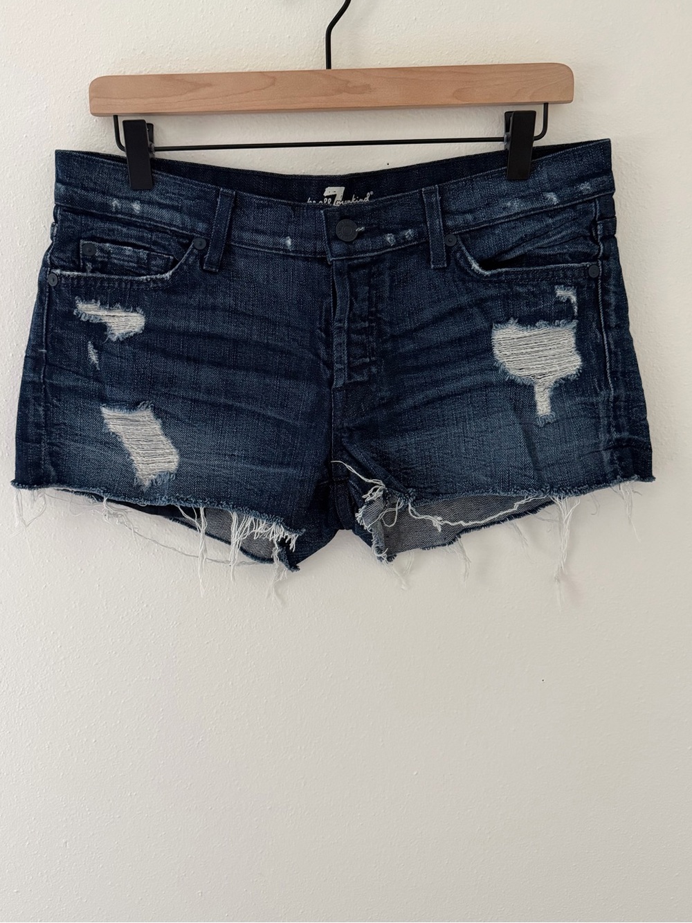 Anthropologie 7 For All Mankind Dark Wash Low Rise Distressed Shorts size 28
